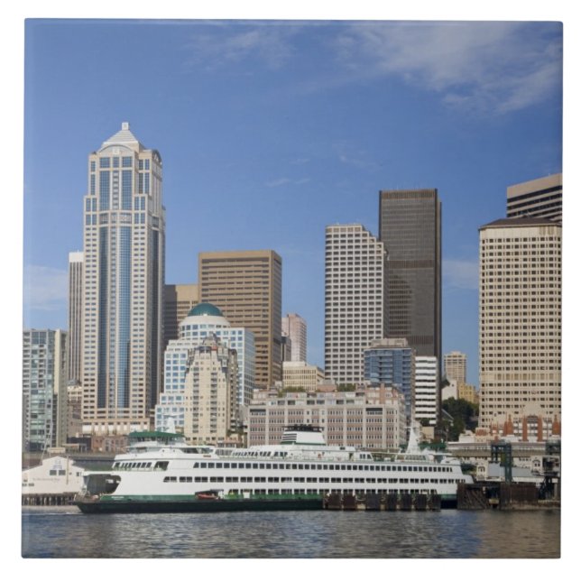 WA, Seattle, Seattle skyline with ferry boat Tile (Front)