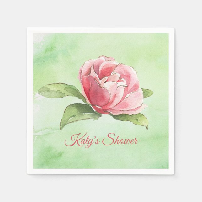 Waatercolor Pink and Green Rose Paper Napkin (Front)
