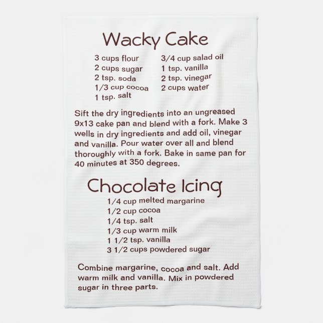 Wacky Cake and Chocolate Frosting Icing Recipes Tea Towel (Vertical)
