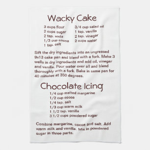Wacky Cake and Chocolate Icing Recipes Tea Towel