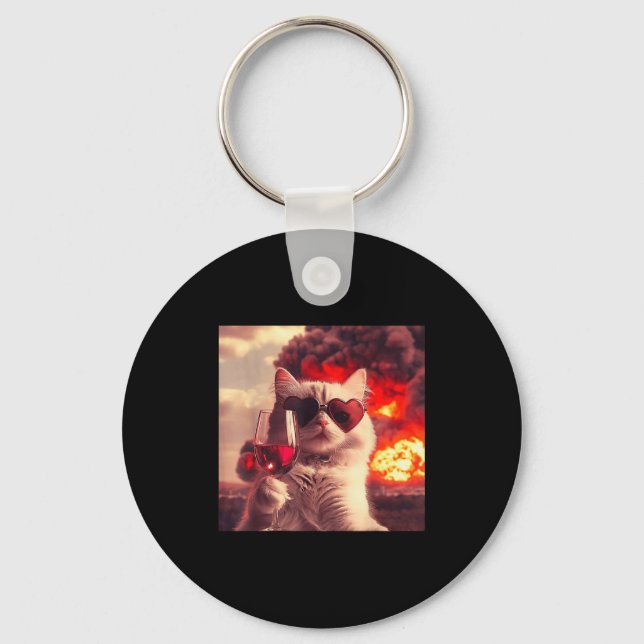 Wacky Cat Holding Wine Selfi With Fire Funny Sungl Key Ring (Front)