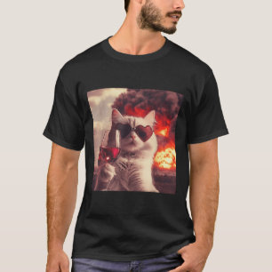 Wacky Cat Holding Wine Selfi With Fire Funny Sungl T-Shirt