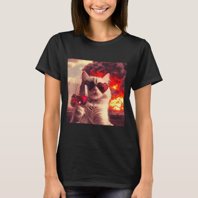 Wacky Cat Holding Wine Selfi With Fire Funny Sungl T-Shirt (Front)