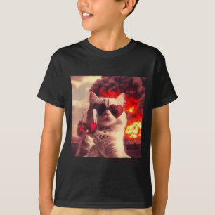 Wacky Cat Holding Wine Selfi With Fire Funny Sungl T-Shirt