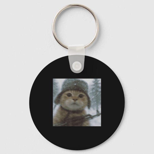 Wacky Cat Snow Kitten Soldier Selfie With Gun Meme Key Ring (Front)