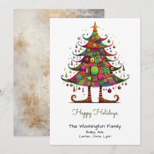 Wacky Christmas Tree Illustration Green Happy Holiday Card