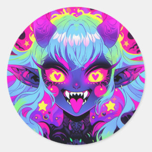 Wacky Demon Elf Anime Girl Tongue Out Classic Round Sticker