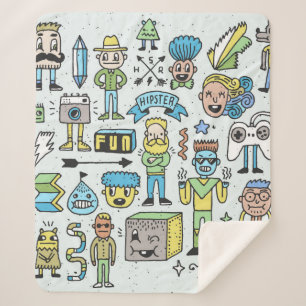 Wacky hipsters doodle set 2. Colorful vintage hand Sherpa Blanket