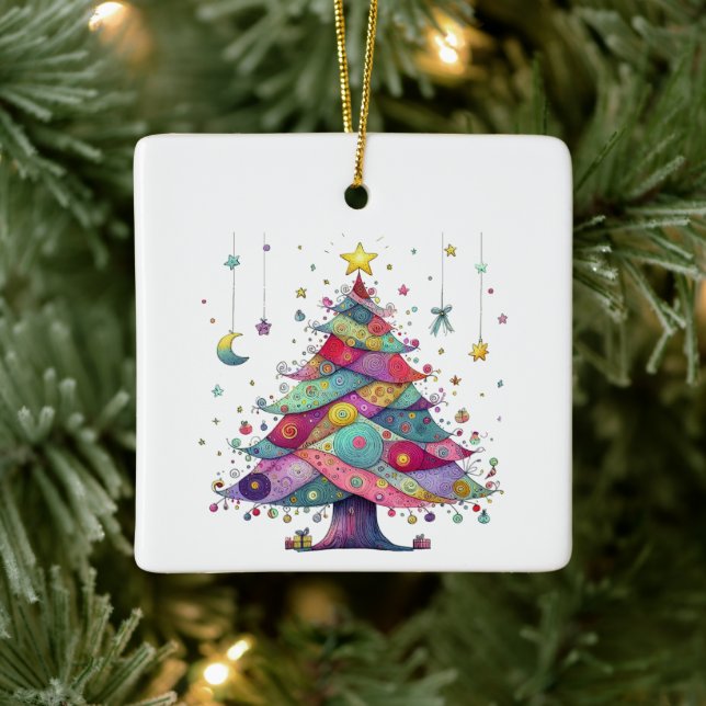 Wacky Whimsical Christmas Tree, Bright Colours Cer Ceramic Ornament (Tree)