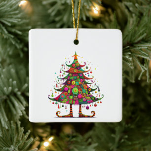 Wacky Whimsical Christmas Tree, Bright Colours Ceramic Ornament