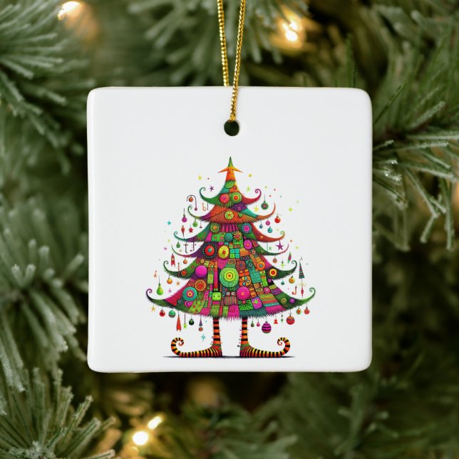 Wacky Whimsical Christmas Tree, Bright Colours Ceramic Ornament (Tree)
