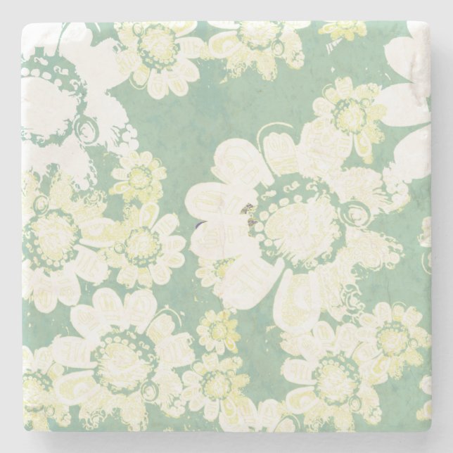 Wacky White Floral Surprise with sea-green Stone Coaster (Front)