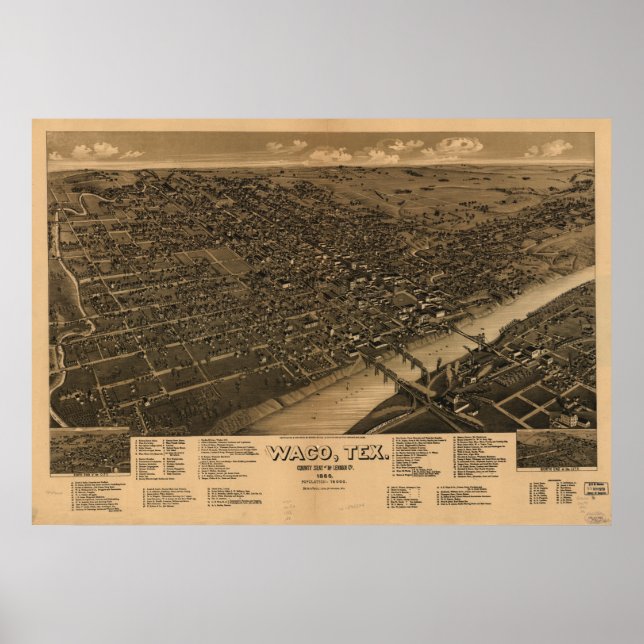 Waco Texas 1886 Antique Panoramic Map Poster (Front)