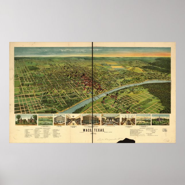 Waco Texas 1892 Antique Panoramic Map Poster (Front)