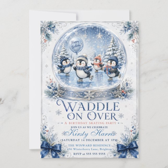 Waddle On Over Skating Winter Birthday Invitation (Front)