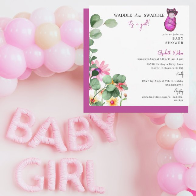 Waddle then Swaddle It's a Girl Pink Baby Shower Invitation (Creator Uploaded)