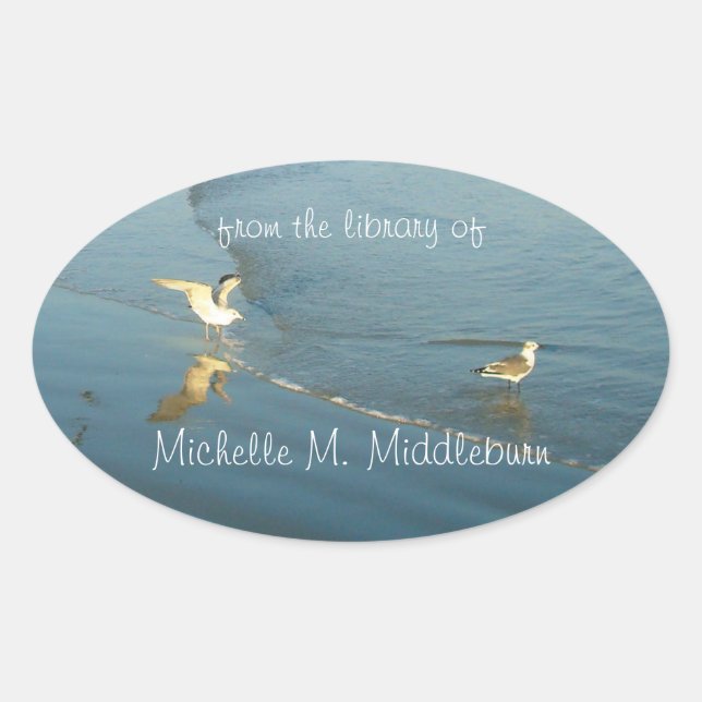 Wading Gulls Custom Bookplate Oval Sticker (Front)
