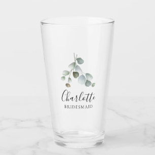 Waercolor Eucalyptus Script Wedding Bridesmaid Glass