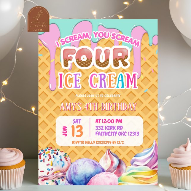 Waffle Background Dripping Pink Ice Cream Birthday Invitation (Creator Uploaded)