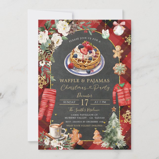 Waffle & Pyjamas Christmas Plaid Floral Party Invitation (Front)