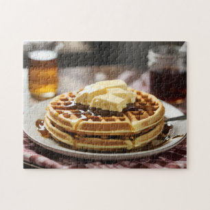 Waffles on plate with syrup and button ontop jigsaw puzzle