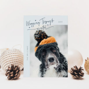 Wagging Through Winter Dog Photo Blue Christmas Holiday Card