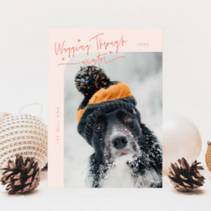 Wagging Through Winter Dog Photo Peach Christmas Holiday Card