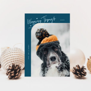 Wagging Through Winter Dog Photo Teal Christmas Holiday Card