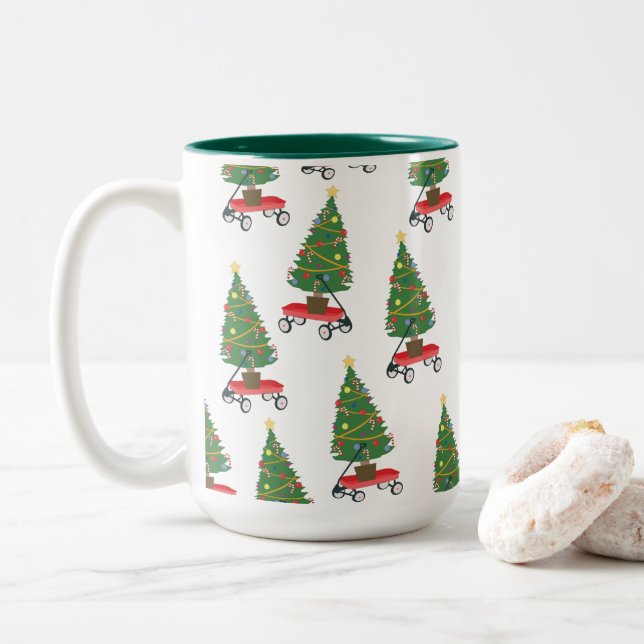 Wagon Christmas Tree Two-Tone Coffee Mug (With Donut)