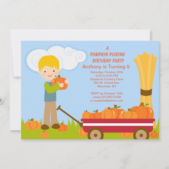 Wagon Pumpkin Picking Birthday Party Invitation (Front)