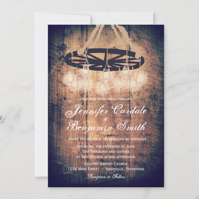 Wagon Wheel Mason Jar Chandelier Wedding Invites (Front)