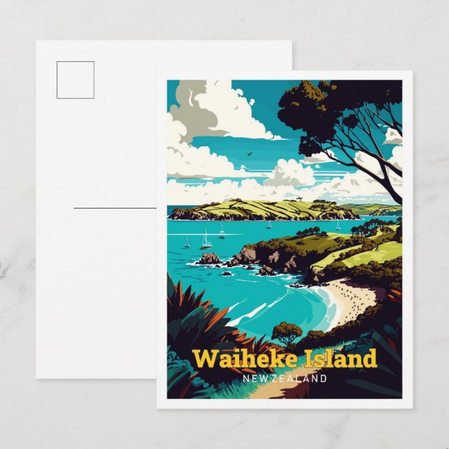 Waiheke Island NZ Travel Art Vintage Illustration Postcard (Front/Back)