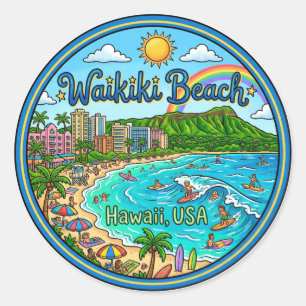 Waikiki Beach Hawaii Classic Round Sticker