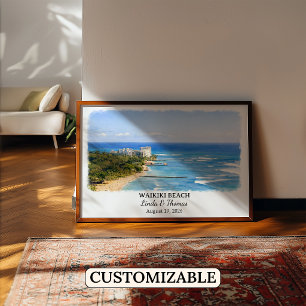 Waikiki Beach Hawaii Poster, Watercolor, Honolulu Poster
