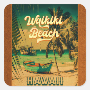 Waikiki Beach Hawaii Vintage Palm Trees Souvenir Square Sticker