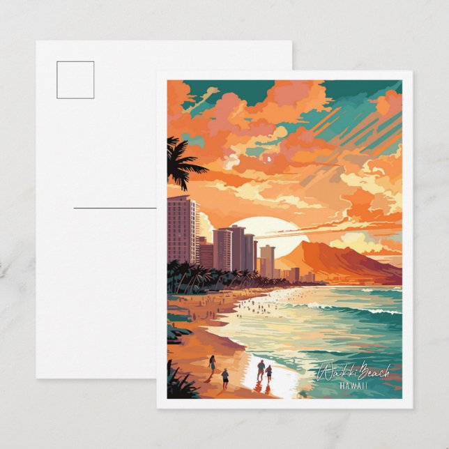 Waikiki Beach Hawaii Vintage Travel Illustration Postcard (Front/Back)