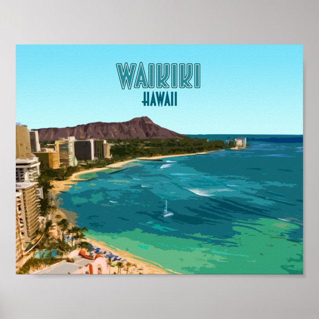 Waikiki Beach Honolulu Oahu Hawaii Vintage Poster (Front)