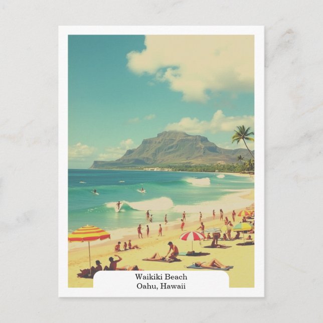 Waikiki Beach, Oahu, Hawaii Travel Retro Postcard (Front)