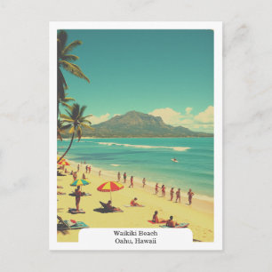 Waikiki Beach, Oahu, Hawaii Travel Vintage Postcard