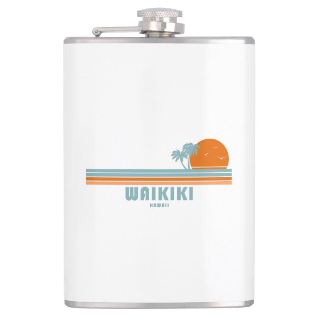 Waikiki Hawaii Sun Palm Trees Hip Flask (Front)