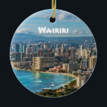 Waikiki Keepsake Ceramic Tree Decoration<br><div class="desc">A unique gift or keepsake for the Hawaiian traveler.  The view of Waikiki and Honolulu from iconic Diamond Head Crater.  And the Hawaiian Green Sea Turtle sleeping o n Laniakea Beach on the reverse.  The Island name and year date is customizable.</div>