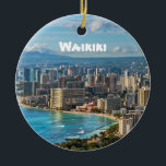 Waikiki Keepsake Ceramic Tree Decoration<br><div class="desc">A unique gift or keepsake for the Hawaiian traveler.  The view of Waikiki and Honolulu from iconic Diamond Head Crater.  And the Hawaiian Green Sea Turtle sleeping o n Laniakea Beach on the reverse.  The Island name and year date is customizable.</div>