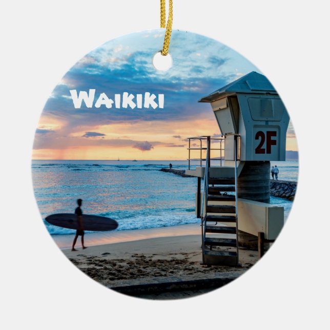 Waikiki O'ahu Ceramic Tree Decoration (Front)