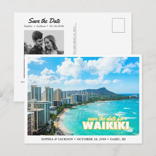 Waikiki Wedding Save the Date Skyline Postcard (Front/Back)