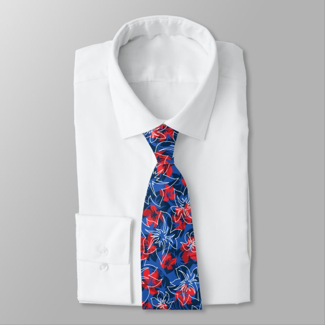 Wailea Hibiscus Hawaiian Floral Two-Sided Printed Tie (Tied)