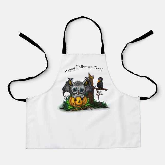 Waiting for Halloween , Cute Bat and Raven Apron (Front)