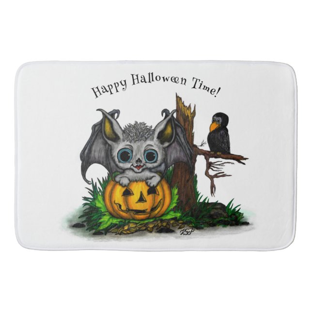 Waiting for Halloween , Cute Bat and Raven Bath Mat (Front)