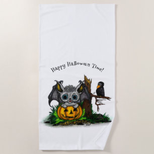 Waiting for Halloween , Cute Bat and Raven Beach Towel