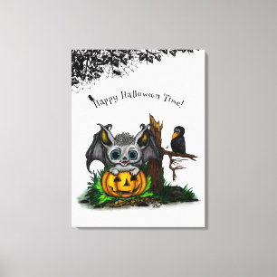 Waiting for Halloween , Cute Bat and Raven Canvas Print