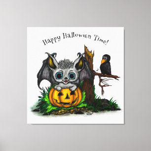 Waiting for Halloween , Cute Bat and Raven Canvas Print